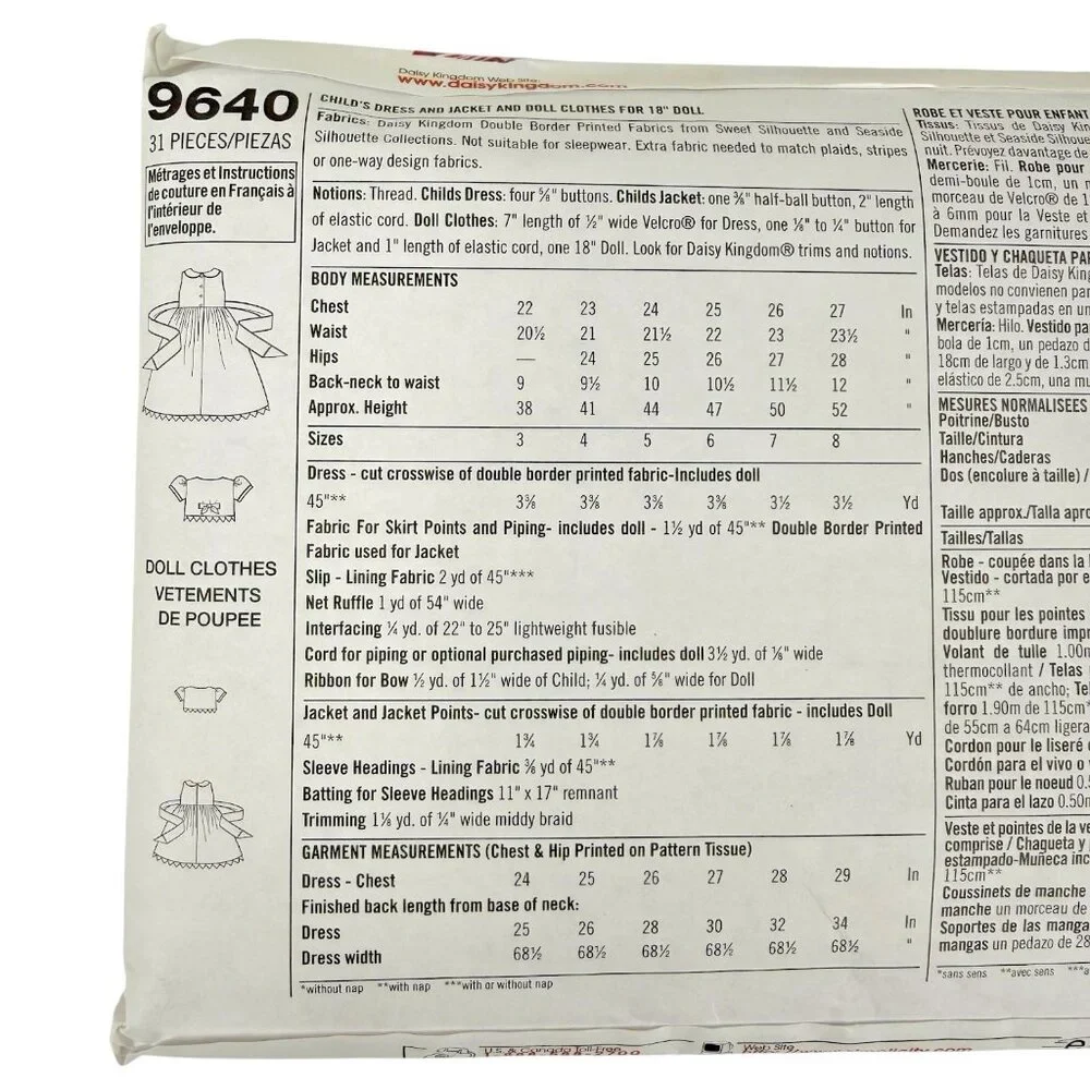Daisy Kingdom Simplicity Sewing Pattern Dress Jacket 9640 Girl 5 6 7 8 Doll UC‎